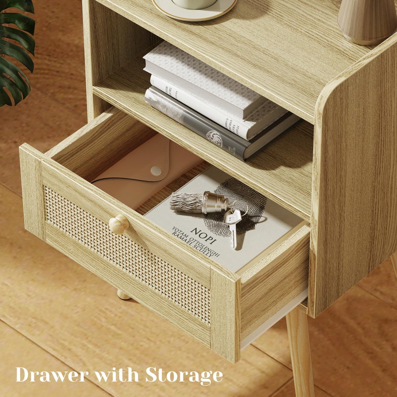 SUPERJARE Nightstand with Charging Station & Rattan-Like Decor Drawer, Rattan End Table with Solid Wood Feet, Bed Side Table with Open Storage, for Bedroom, Living Room, Dormitory - Natural - Image 4