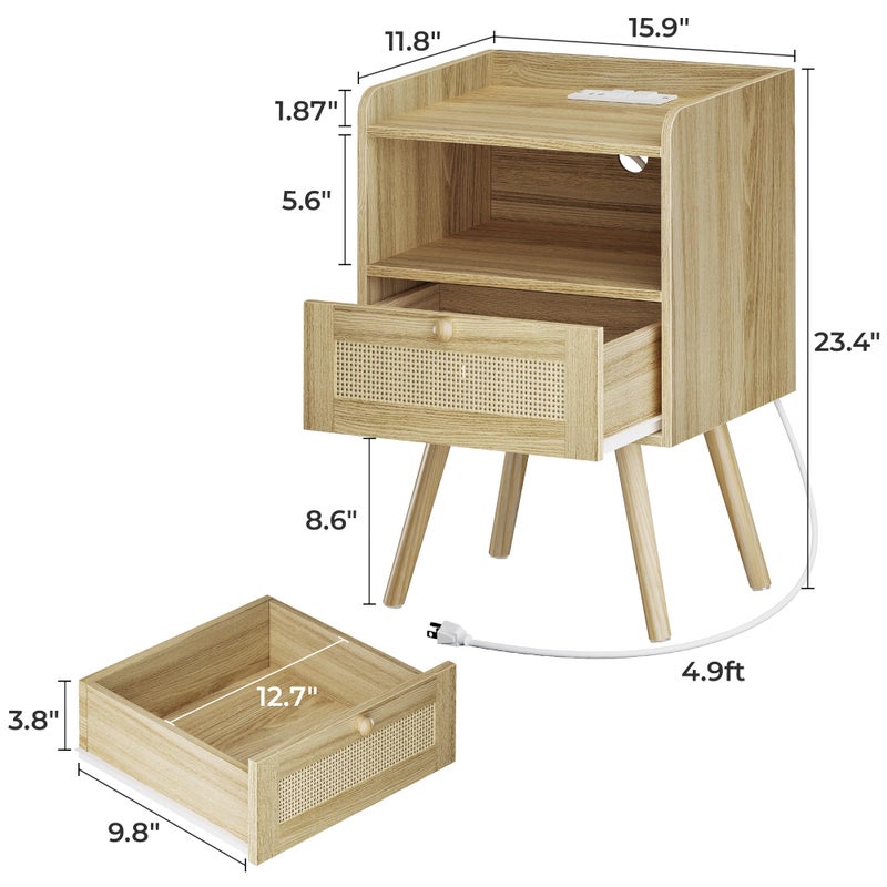 SUPERJARE Nightstand with Charging Station & Rattan-Like Decor Drawer, Rattan End Table with Solid Wood Feet, Bed Side Table with Open Storage, for Bedroom, Living Room, Dormitory - Natural - Image 5