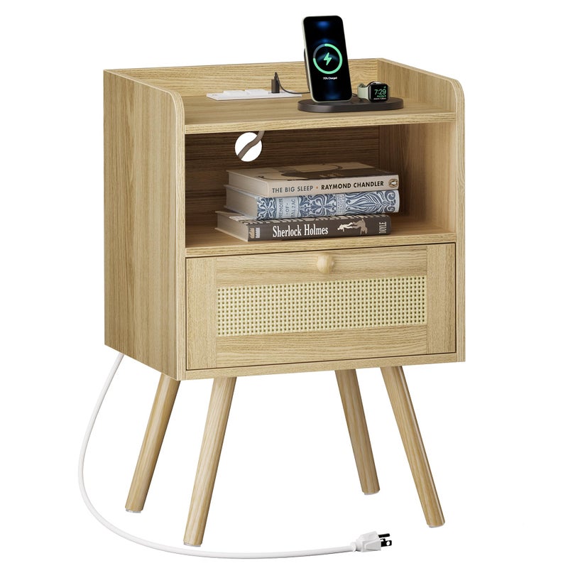 SUPERJARE Nightstand with Charging Station & Rattan-Like Decor Drawer, Rattan End Table with Solid Wood Feet, Bed Side Table with Open Storage, for Bedroom, Living Room, Dormitory - Natural - Image 1