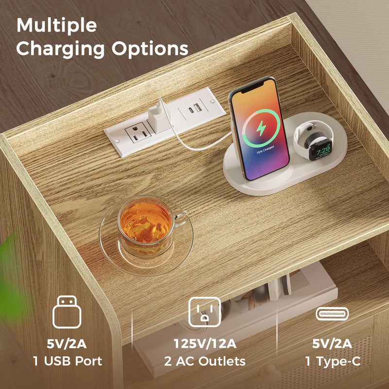 SUPERJARE Nightstand with Charging Station & Rattan-Like Decor Drawer, Rattan End Table with Solid Wood Feet, Bed Side Table with Open Storage, for Bedroom, Living Room, Dormitory - Natural - Image 3
