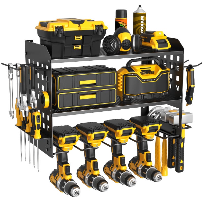 SUNALLY Power Tool Organizer Heavy Duty Wall Mount Tool Organizer 3 Layers with 4 Drill Holders Garage Tools Storage Rack with 2 Side Pegboards and Hooks for Workshop Shed Black - Image 2