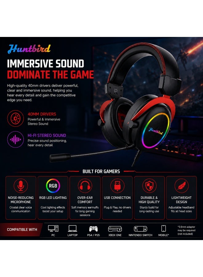 Huntbird USB RGB Gaming Headset – Wired Stereo Over-Ear Gaming Headphones with Noise-Reducing Microphone, RGB LED Lighting for PC & Laptop - Image 3