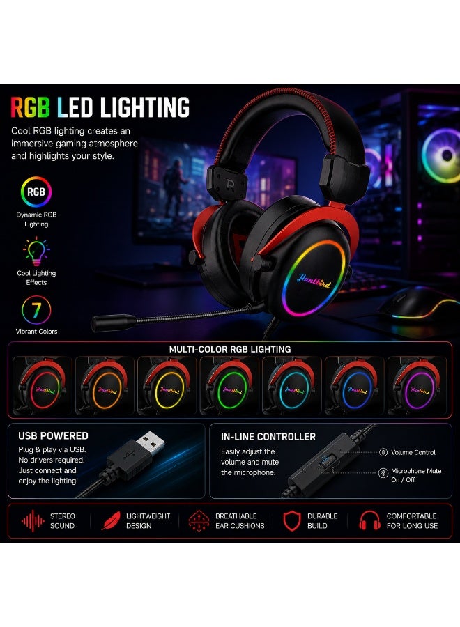 Huntbird USB RGB Gaming Headset – Wired Stereo Over-Ear Gaming Headphones with Noise-Reducing Microphone, RGB LED Lighting for PC & Laptop - Image 2