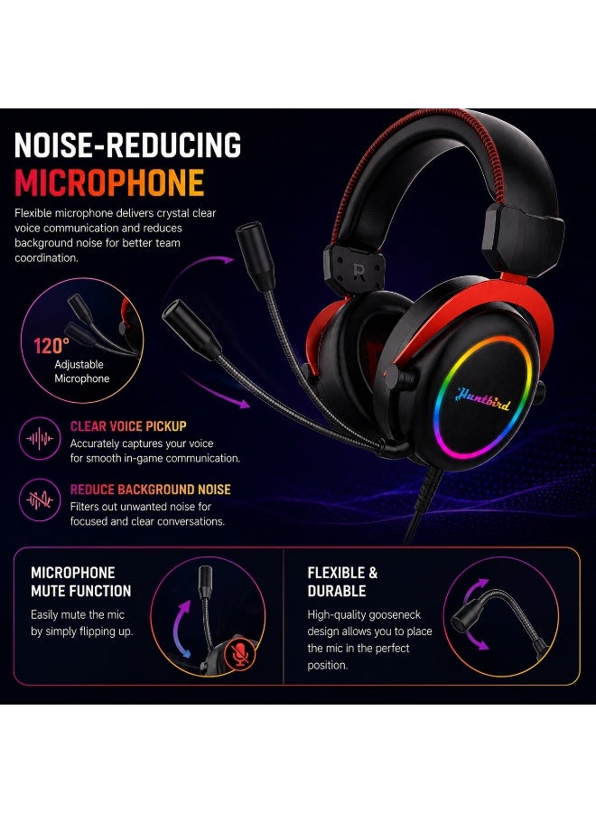 Huntbird USB RGB Gaming Headset – Wired Stereo Over-Ear Gaming Headphones with Noise-Reducing Microphone, RGB LED Lighting for PC & Laptop - Image 4