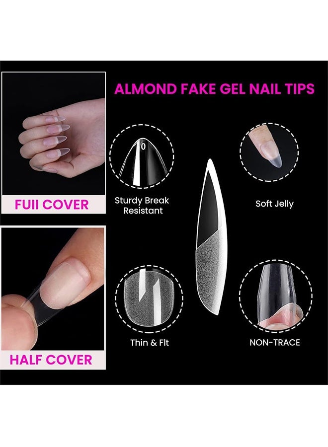 JS 504 PCS Almond Fake Nails, Almond Press On Nails, Pre-shape Short Almond Gel Nail Tips, Medium French Design Clear Full Cover Artificial Almond False Nails for Home DIY Nail Salon - Image 2