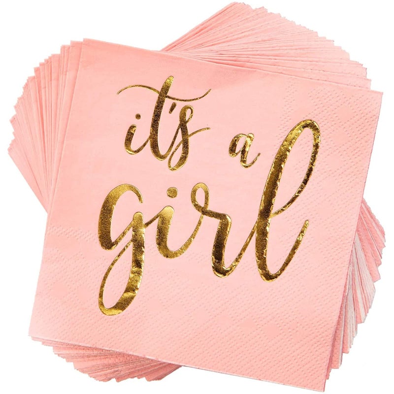 Sparkle and Bash 50 Pack Its a Girl Napkins for Baby Shower Gold Foil Party Supplies 3 Ply 5x5 In Baby Shower Napkins