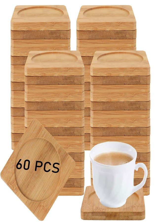 HOIGON 60 Pack 3.7 Inch Bamboo Coasters, Natural Wooden Coasters, Square Bamboo Tray Saucer Set for Drinks, Crafts, Succulents - Image 1
