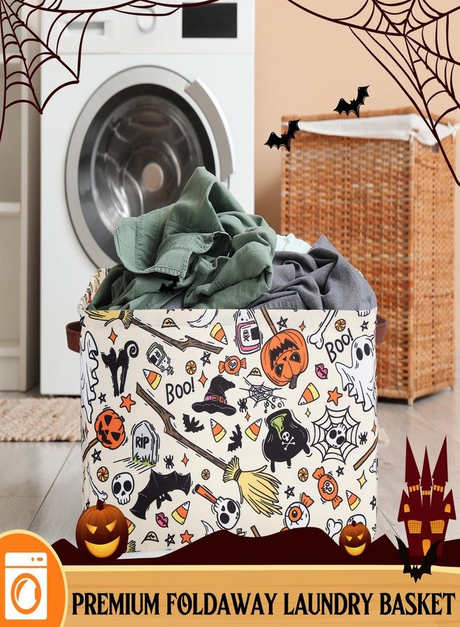 Seeloowy Halloween Ghost Basket with Handles Boo Pumpkin Bat Horror Storage Bin White Spooky Large Foldable Toy Laundry Storage for Halloween Room Car Decoration Bucket Laundry Box - Image 5