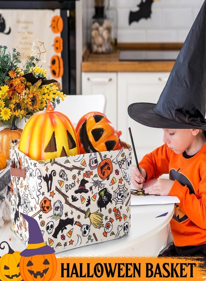 Seeloowy Halloween Ghost Basket with Handles Boo Pumpkin Bat Horror Storage Bin White Spooky Large Foldable Toy Laundry Storage for Halloween Room Car Decoration Bucket Laundry Box - Image 4