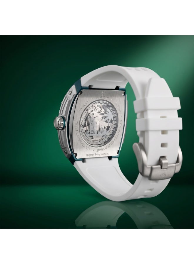 TOMRICH APEX X TR6603 Automatic Skeleton Watch for Men, Green Tonneau Dial, White Silicone Strap, Stainless Steel Case, 50M Water Resistant - Image 5