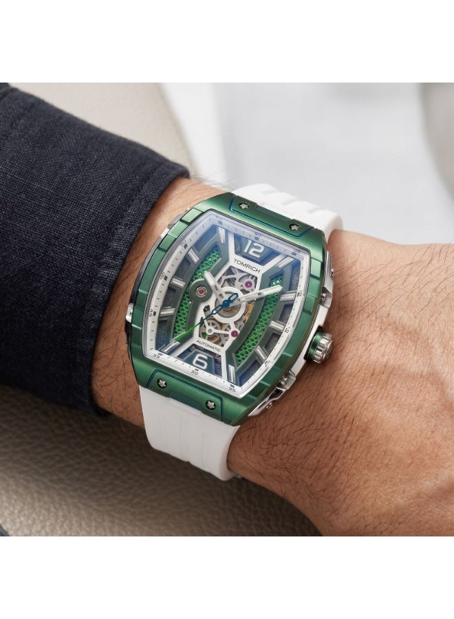TOMRICH APEX X TR6603 Automatic Skeleton Watch for Men, Green Tonneau Dial, White Silicone Strap, Stainless Steel Case, 50M Water Resistant - Image 3