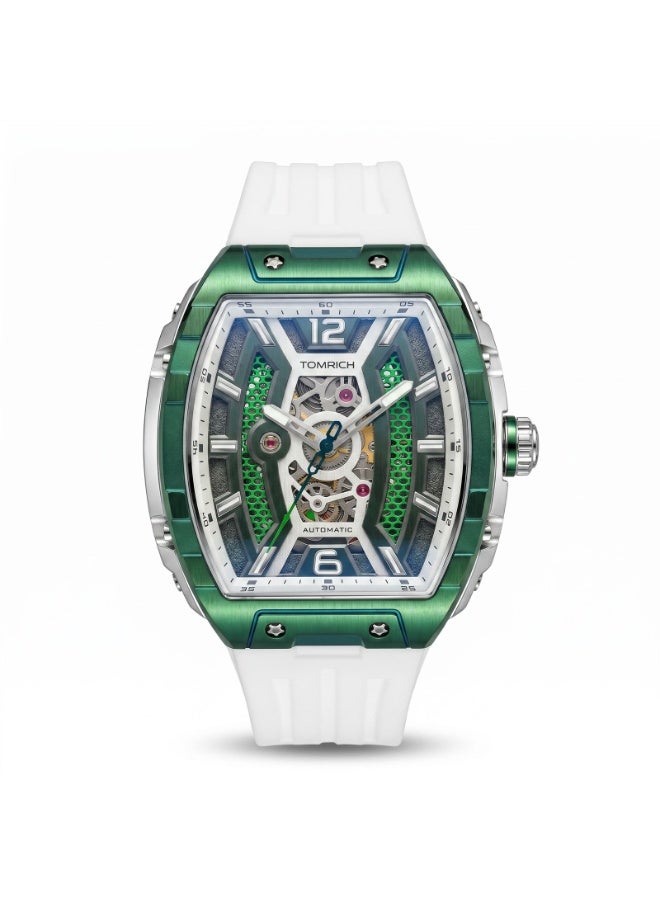 TOMRICH APEX X TR6603 Automatic Skeleton Watch for Men, Green Tonneau Dial, White Silicone Strap, Stainless Steel Case, 50M Water Resistant - Image 1