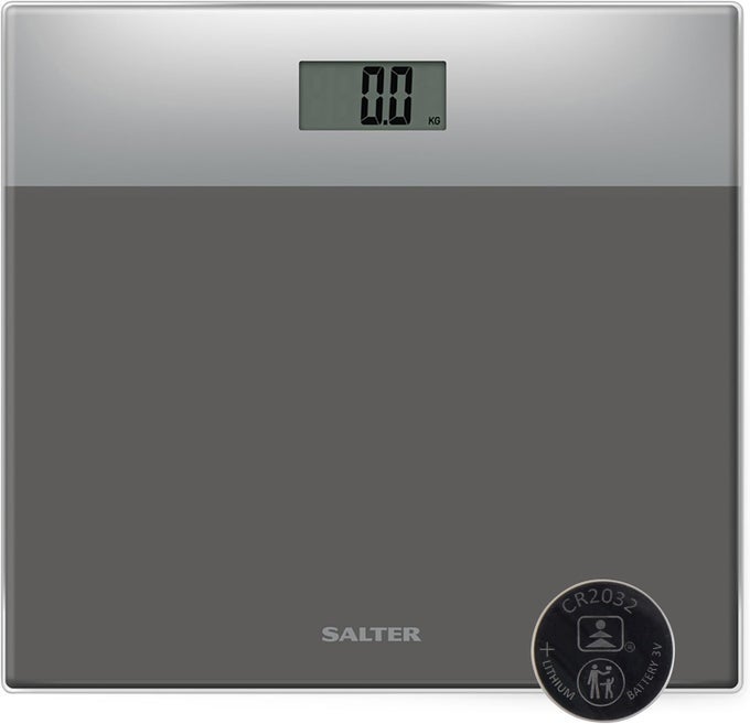 DIGITAL BATHROOM SCALE EASY READ LCD DISPLAY 180 KG 28 ST CAPACITY INSTANT READ STEP ON ACTIVATION BATTERY INCLUDED NEAT STORAGE 15 YEAR GUARANTEE TWO TONE DESIGN SILVERGREY