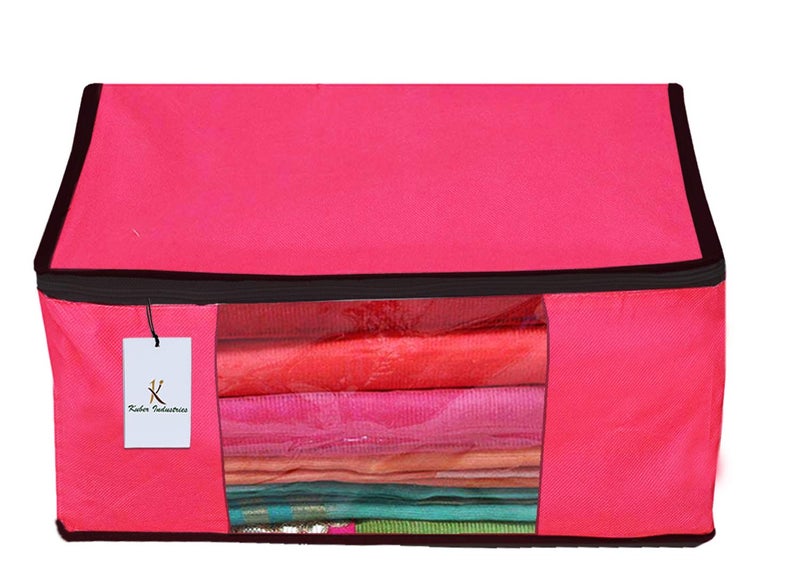 Kuber Industries 3 Piece Non Woven Fabric Saree Cover Set with Transparent Window, Extra Large, Pink-CTKTC23715 - Image 3