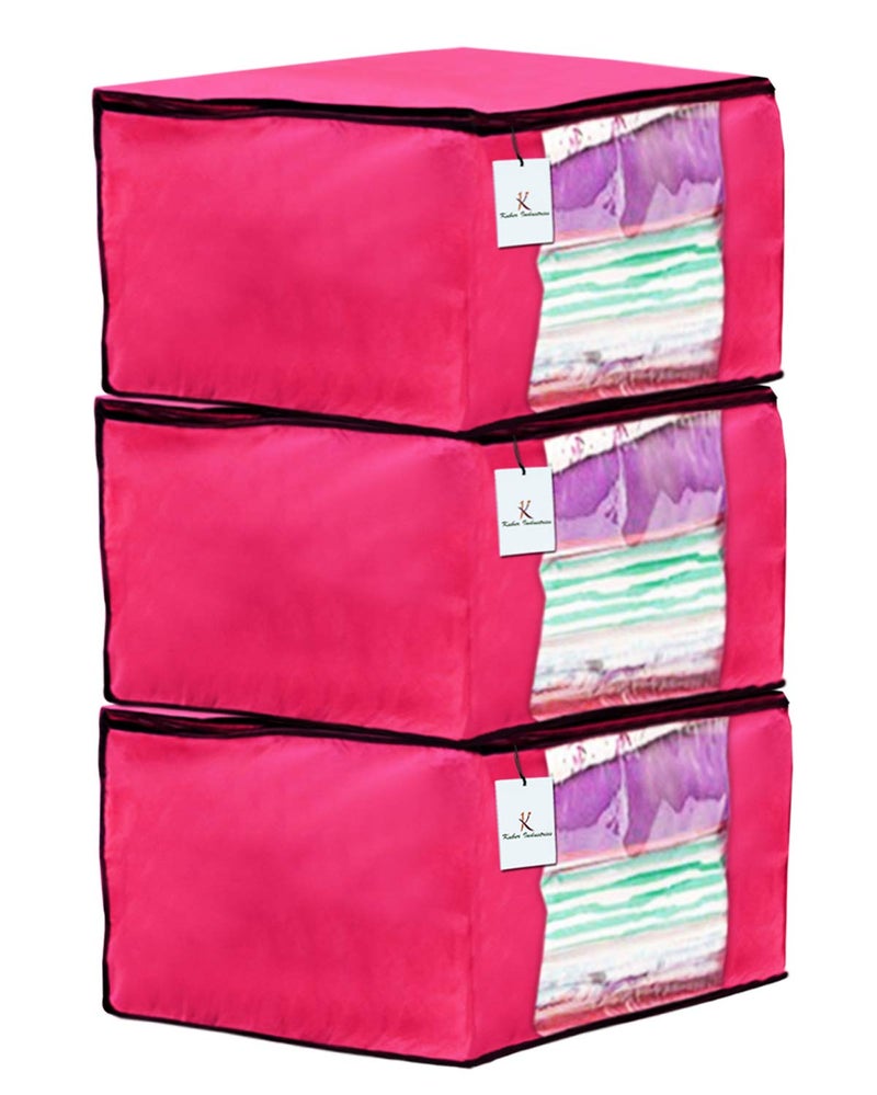 Kuber Industries 3 Piece Non Woven Fabric Saree Cover Set with Transparent Window, Extra Large, Pink-CTKTC23715 - Image 1