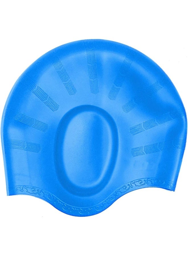 SHOWAY Women and Mens Adult Swim Cap Silicone 3D Ear Protection Soft Long Hair Swim Hat Durable Silicone Swimming Caps (Blue) - Image 1