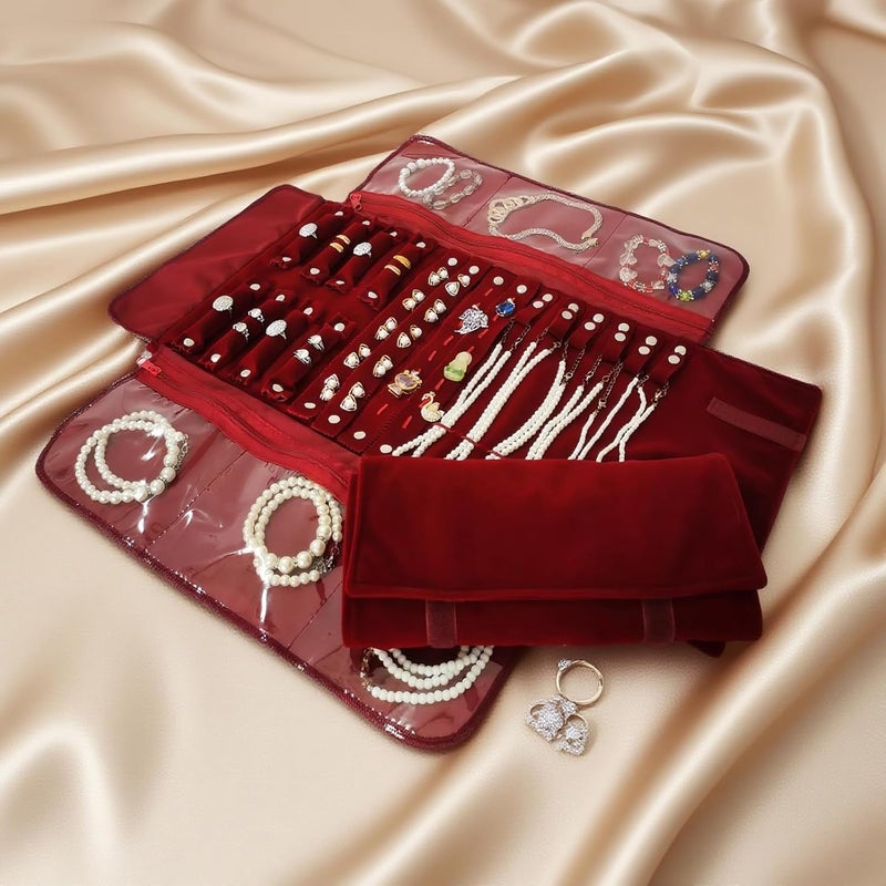 SCIKHEFT Velvet Travel Jewelry Case Roll Bag Organizer for Necklace Bracelet Earrings Ring (Black) (Burgundy) - Image 2