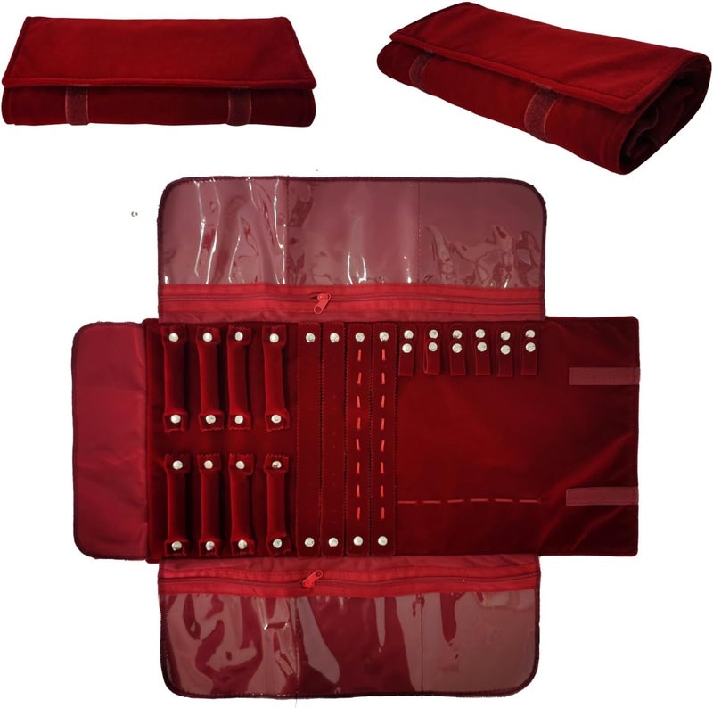 SCIKHEFT Velvet Travel Jewelry Case Roll Bag Organizer for Necklace Bracelet Earrings Ring (Black) (Burgundy) - Image 1