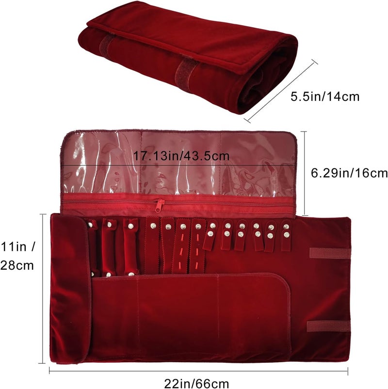 SCIKHEFT Velvet Travel Jewelry Case Roll Bag Organizer for Necklace Bracelet Earrings Ring (Black) (Burgundy) - Image 3