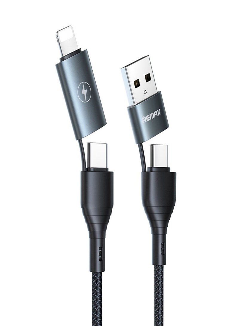 REMAX RC-011 4 in 1 Multi USB Fast Charging Cable 2.4A/3A Braided USB-A/C to Type-C/Lightning Charger Cord Connector with Data Transfer Compatible with iOS Type-C Devices Black - Image 1