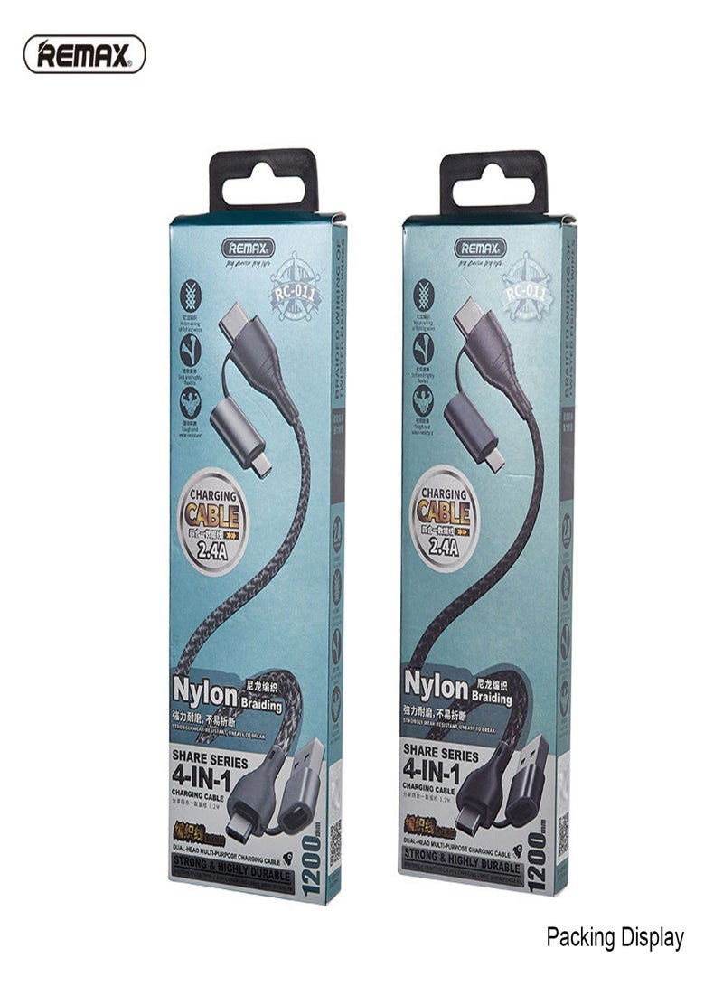 REMAX RC-011 4 in 1 Multi USB Fast Charging Cable 2.4A/3A Braided USB-A/C to Type-C/Lightning Charger Cord Connector with Data Transfer Compatible with iOS Type-C Devices Black - Image 2