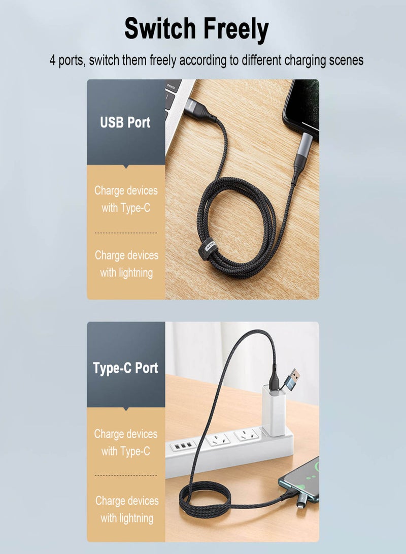 REMAX RC-011 4 in 1 Multi USB Fast Charging Cable 2.4A/3A Braided USB-A/C to Type-C/Lightning Charger Cord Connector with Data Transfer Compatible with iOS Type-C Devices Black - Image 5
