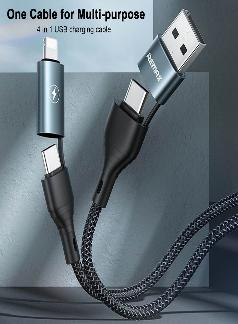 REMAX RC-011 4 in 1 Multi USB Fast Charging Cable 2.4A/3A Braided USB-A/C to Type-C/Lightning Charger Cord Connector with Data Transfer Compatible with iOS Type-C Devices Black - Image 3