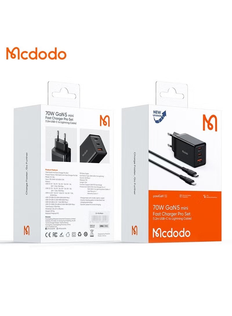 Mcdodo GaN 5 Mini 67W Fast Charger Dual USB-C USB-A Compact Wall Adapter with 36W USB-C to Lightning Cable Black Fast Charging Power Adapter for iPhone Samsung Tablets Laptops Travel Friendly - Image 3