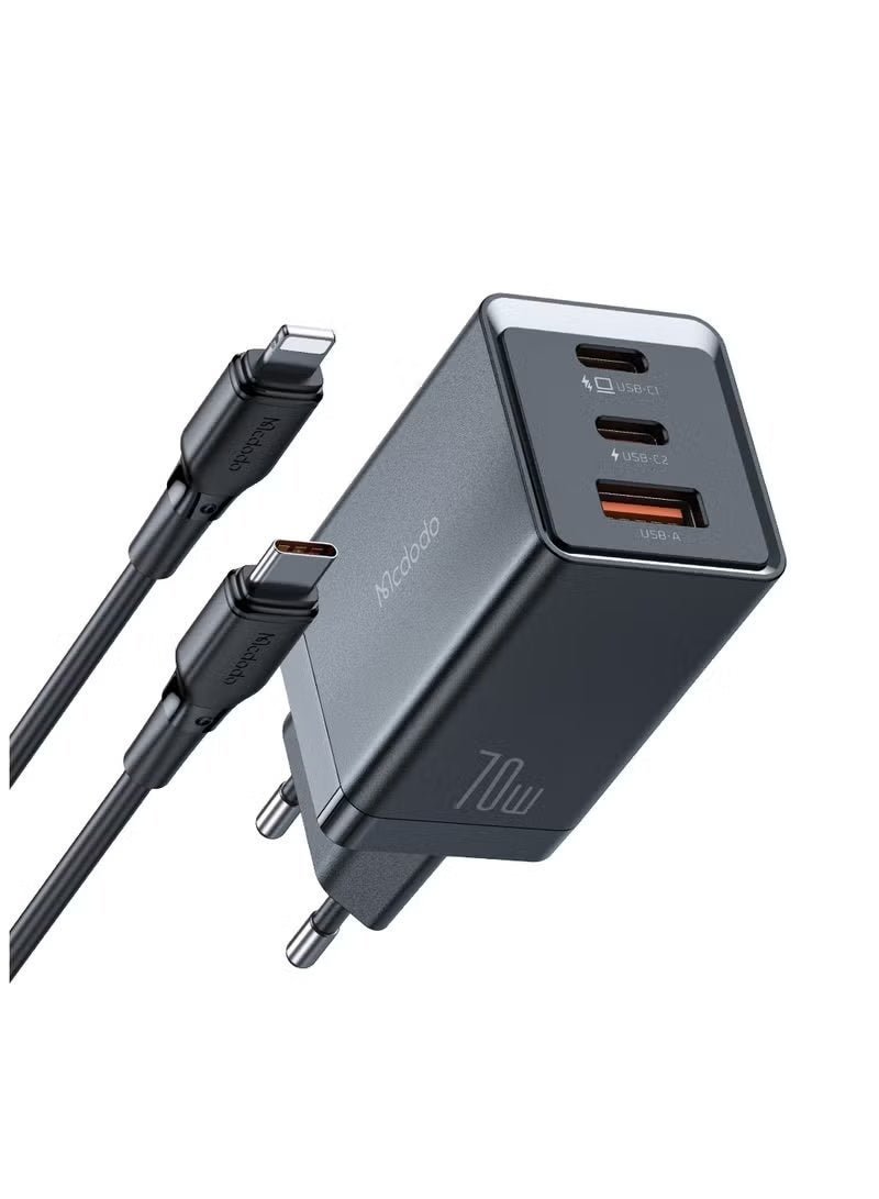 Mcdodo GaN 5 Mini 67W Fast Charger Dual USB-C USB-A Compact Wall Adapter with 36W USB-C to Lightning Cable Black Fast Charging Power Adapter for iPhone Samsung Tablets Laptops Travel Friendly - Image 1