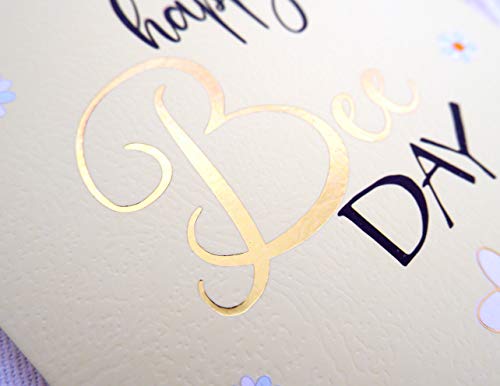 CHRIZ.Z Birthday Card - Single Happy Bee Day Birthday Greeting Card For Bee Themed Party - Gold Foil Bees and Lettering on Yellow Textured Paper with Kraft Envelope - 5" x 7" - Blank Inside - Image 5