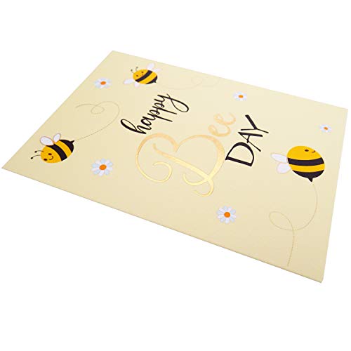 CHRIZ.Z Birthday Card - Single Happy Bee Day Birthday Greeting Card For Bee Themed Party - Gold Foil Bees and Lettering on Yellow Textured Paper with Kraft Envelope - 5" x 7" - Blank Inside - Image 3