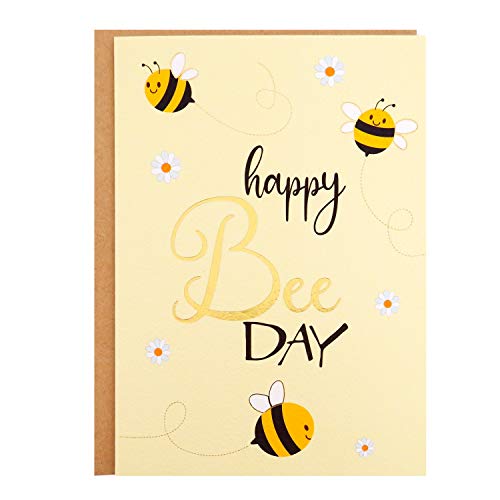 CHRIZ.Z Birthday Card - Single Happy Bee Day Birthday Greeting Card For Bee Themed Party - Gold Foil Bees and Lettering on Yellow Textured Paper with Kraft Envelope - 5" x 7" - Blank Inside - Image 1
