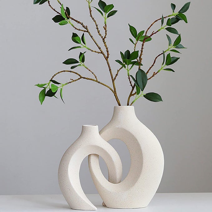 CERAMIC VASE SET 2 FLOWER DONUT MODERN VASES FOR HOME DCOR CREATIVE WHITE VASES MINIMALISM STYLE DECOR VASE TABLE VASE FOR LIVING ROOM ENTRYWAY BOOKSHELF MANTEL CENTERPIECES SHELF
