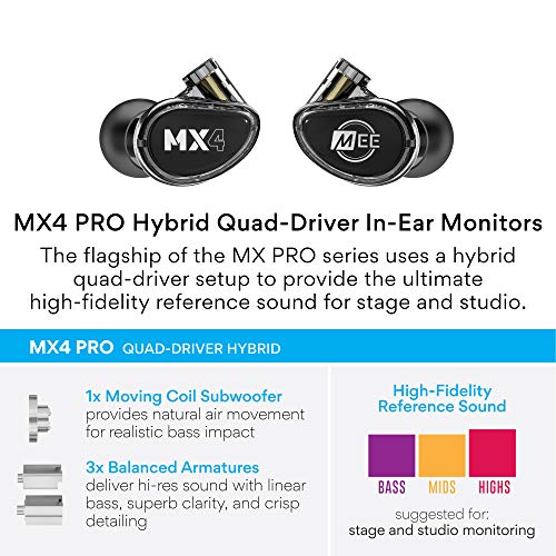 MEE audio Professional MX4 PRO Quad-Driver Hybrid Musicians In Ear Monitor Headphones with High-Resolution Reference Sound; Noise Isolating Earbuds Earphones with Detachable Cables, Black - Image 3