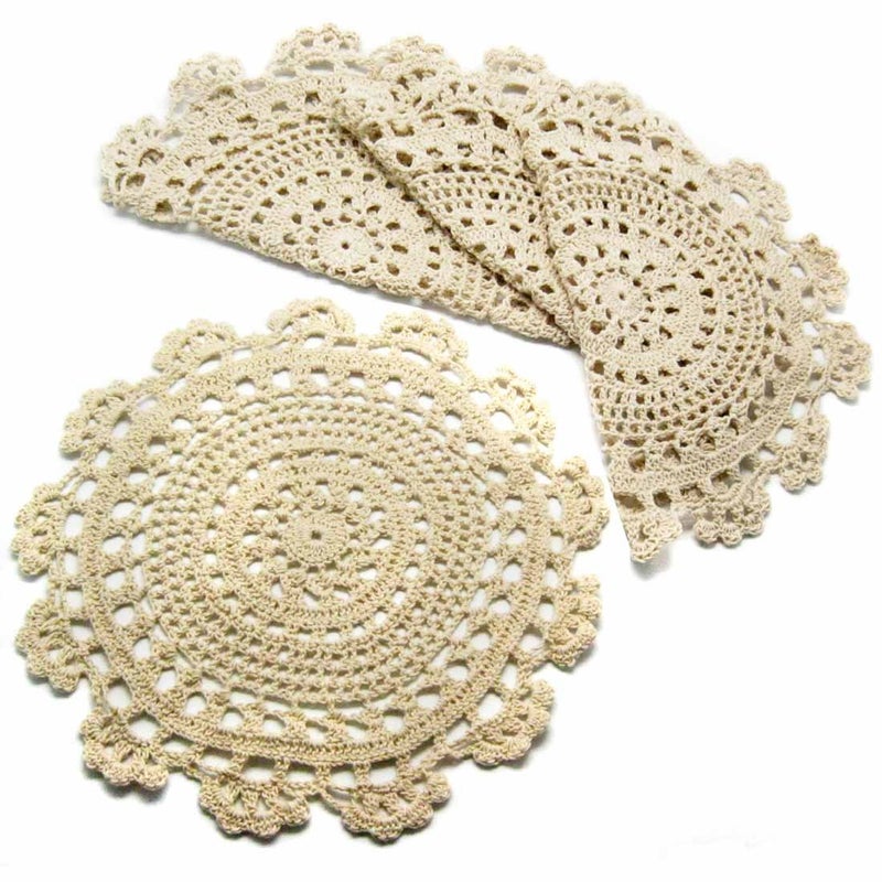 kilofly Handmade Crochet Round Cotton Lace Table Placemats Doilies Value Pack Set of 4 Medallion 13 x 13 inch Beige