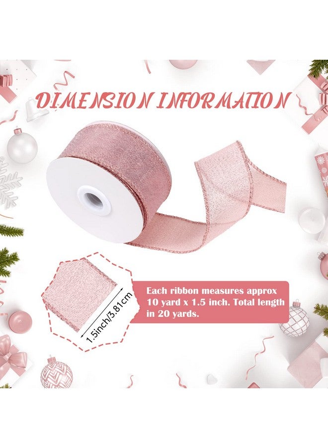 Luinabio 2 Roll Rose Gold Christmas Ribbon Christmas Pink Glitter Sheer Ribbon 1.5 Inch Metallic Diamond Shiny Wrapping Wired Ribbon For Crafts, Wreaths, Topper Bows, Gift Decoration, 20 Yard