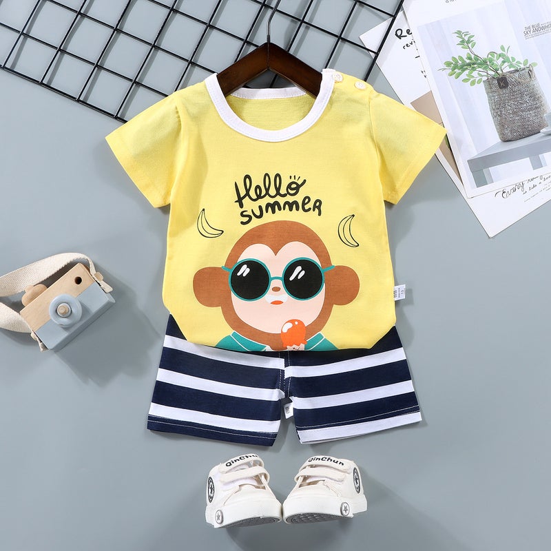 Kids Cotton T-Shirt  Shorts Set Summer Outfit F27-Glasses Monkey - Image 1