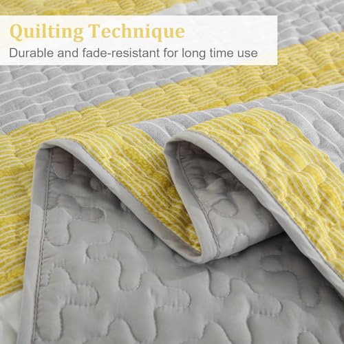 Djoymock Quilt Set Queen Size, 3 Piece Fall Patchwork Striped Bedding Set, Summer Lightweight Soft Microfiber Bedspreads Coverlets Set with 2 Pillow Shams,Yellow and Grey and White Queen Quilts for All Season - Image 5