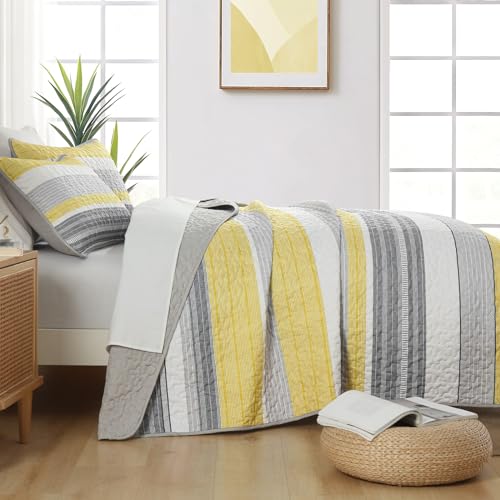 Djoymock Quilt Set Queen Size, 3 Piece Fall Patchwork Striped Bedding Set, Summer Lightweight Soft Microfiber Bedspreads Coverlets Set with 2 Pillow Shams,Yellow and Grey and White Queen Quilts for All Season - Image 4