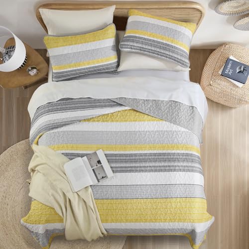 Djoymock Quilt Set Queen Size, 3 Piece Fall Patchwork Striped Bedding Set, Summer Lightweight Soft Microfiber Bedspreads Coverlets Set with 2 Pillow Shams,Yellow and Grey and White Queen Quilts for All Season - Image 3