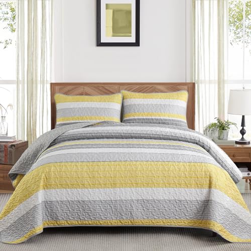 Djoymock Quilt Set Queen Size, 3 Piece Fall Patchwork Striped Bedding Set, Summer Lightweight Soft Microfiber Bedspreads Coverlets Set with 2 Pillow Shams,Yellow and Grey and White Queen Quilts for All Season - Image 1