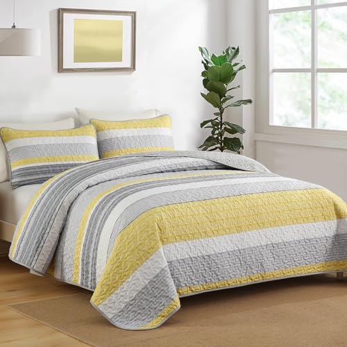 Djoymock Quilt Set Queen Size, 3 Piece Fall Patchwork Striped Bedding Set, Summer Lightweight Soft Microfiber Bedspreads Coverlets Set with 2 Pillow Shams,Yellow and Grey and White Queen Quilts for All Season - Image 2