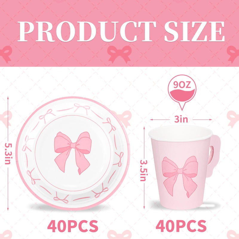 Whaline 80 Pcs Tea Party Supplies 9oz Pink Bow Paper Tea Cups and Saucers Coquette Bowknot Disposable Teacups with Handle and Dessert Plates for Wedding Birthday Baby Shower Bachelorette Tea Party - Image 2
