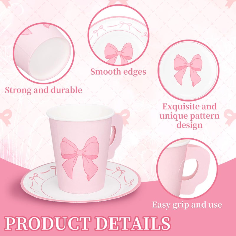 Whaline 80 Pcs Tea Party Supplies 9oz Pink Bow Paper Tea Cups and Saucers Coquette Bowknot Disposable Teacups with Handle and Dessert Plates for Wedding Birthday Baby Shower Bachelorette Tea Party - Image 3