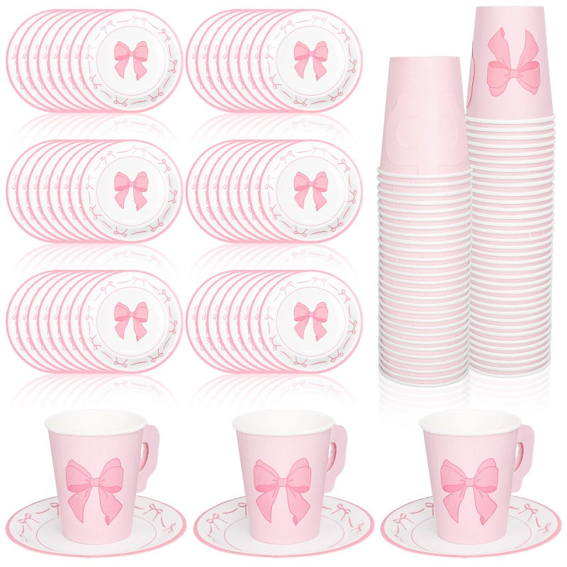 Whaline 80 Pcs Tea Party Supplies 9oz Pink Bow Paper Tea Cups and Saucers Coquette Bowknot Disposable Teacups with Handle and Dessert Plates for Wedding Birthday Baby Shower Bachelorette Tea Party - Image 1