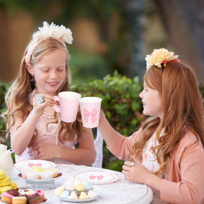 Whaline 80 Pcs Tea Party Supplies 9oz Pink Bow Paper Tea Cups and Saucers Coquette Bowknot Disposable Teacups with Handle and Dessert Plates for Wedding Birthday Baby Shower Bachelorette Tea Party - Image 5