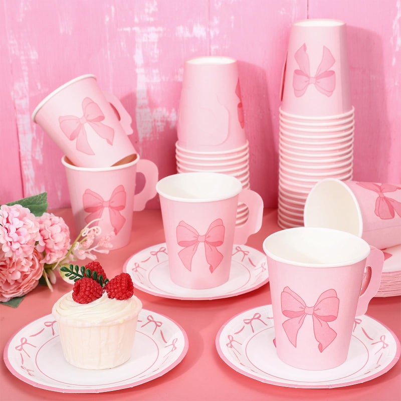 Whaline 80 Pcs Tea Party Supplies 9oz Pink Bow Paper Tea Cups and Saucers Coquette Bowknot Disposable Teacups with Handle and Dessert Plates for Wedding Birthday Baby Shower Bachelorette Tea Party - Image 4