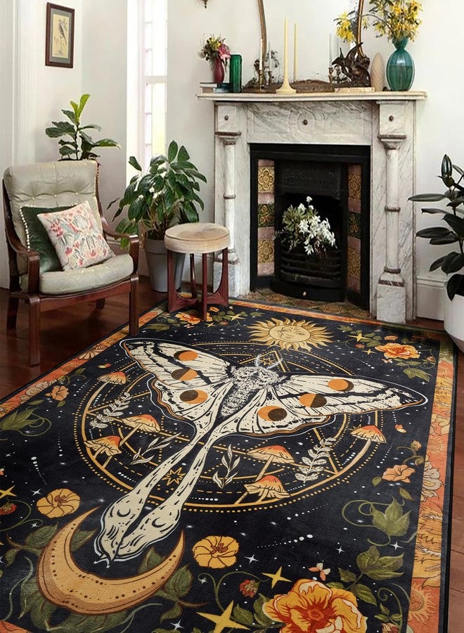 Ouyattle Washable Mystical Luna Moth Rugs Ultra Thin, Boho Moody Black Floral Aesthetic Bedroom Rugs Vintage Hippie Celestial Trendy Indie Dorm Rug, Retro Cute 4x6 Area Rug for Dining Living Room Entryway - Image 2