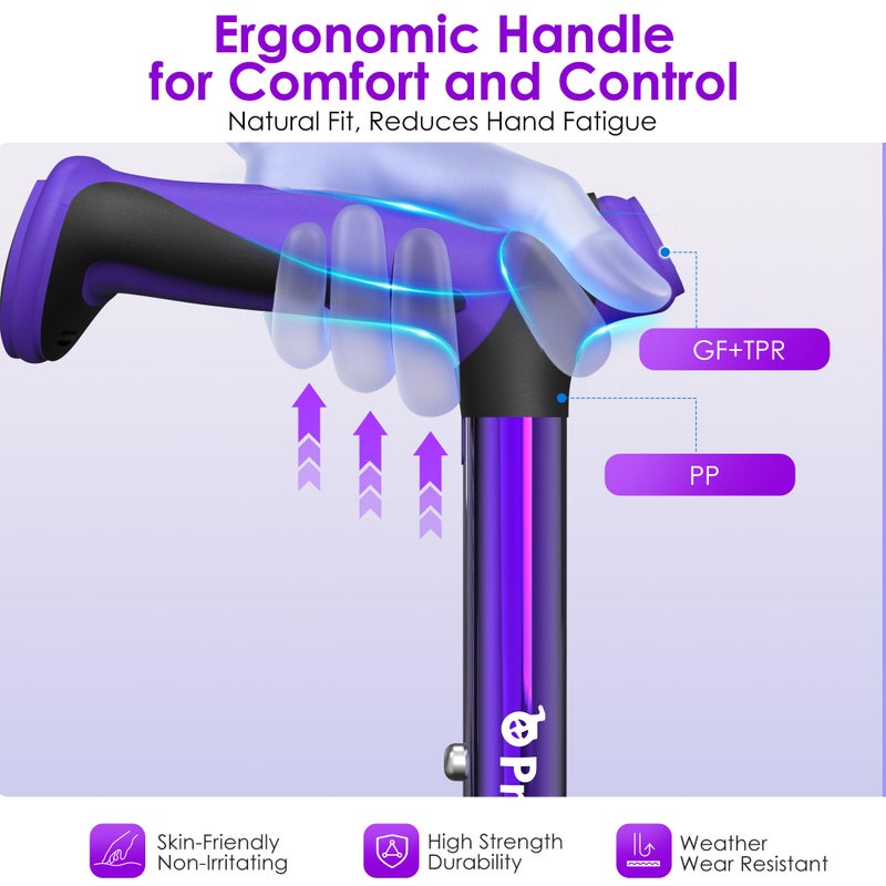 ProTraverse Walking Cane for Men & Women,Foldable,Adjustable,Self Standing Cane with Wrist Strap&Tag,350lbs Heavy Duty,All Terrain,Collapsible Walking Sticks for Seniors & Adults,Purple - Image 3