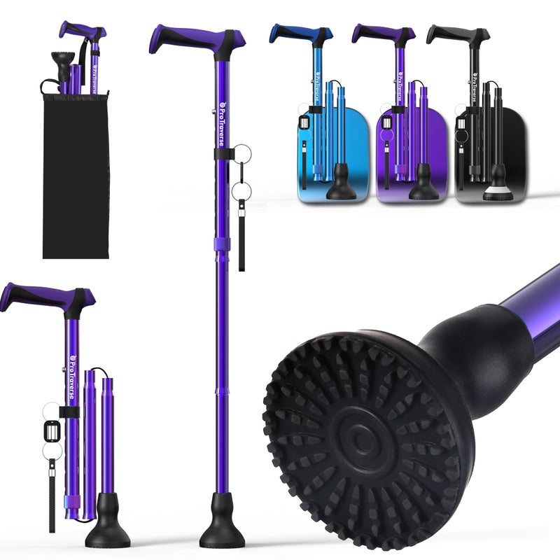 ProTraverse Walking Cane for Men & Women,Foldable,Adjustable,Self Standing Cane with Wrist Strap&Tag,350lbs Heavy Duty,All Terrain,Collapsible Walking Sticks for Seniors & Adults,Purple - Image 1